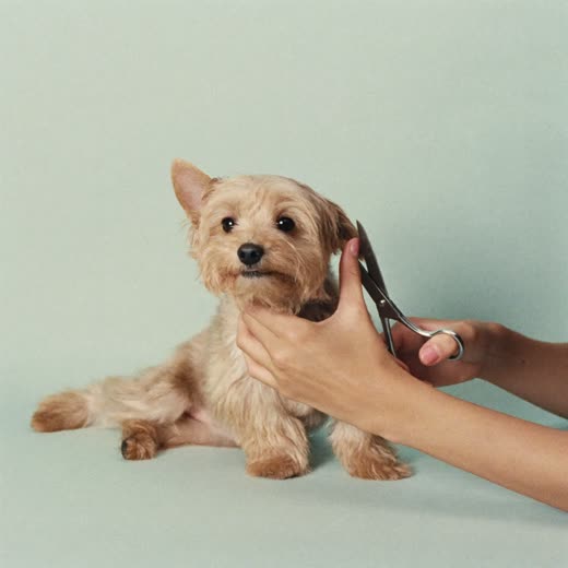 A small terrier having its coat clipped with grooming scissors